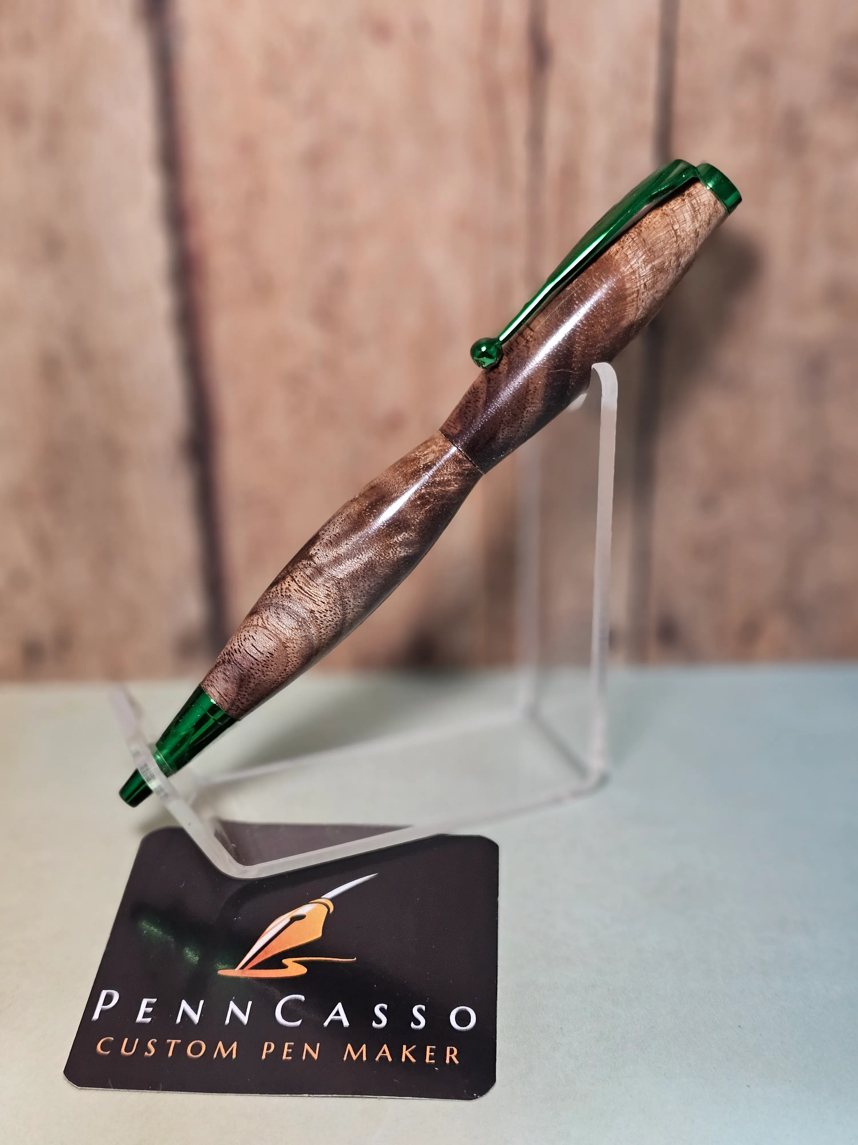 Walnut pen with emerald-green metal fittings